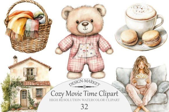 Download Watercolor Cozy Movie Time Clipart - Movie Collection